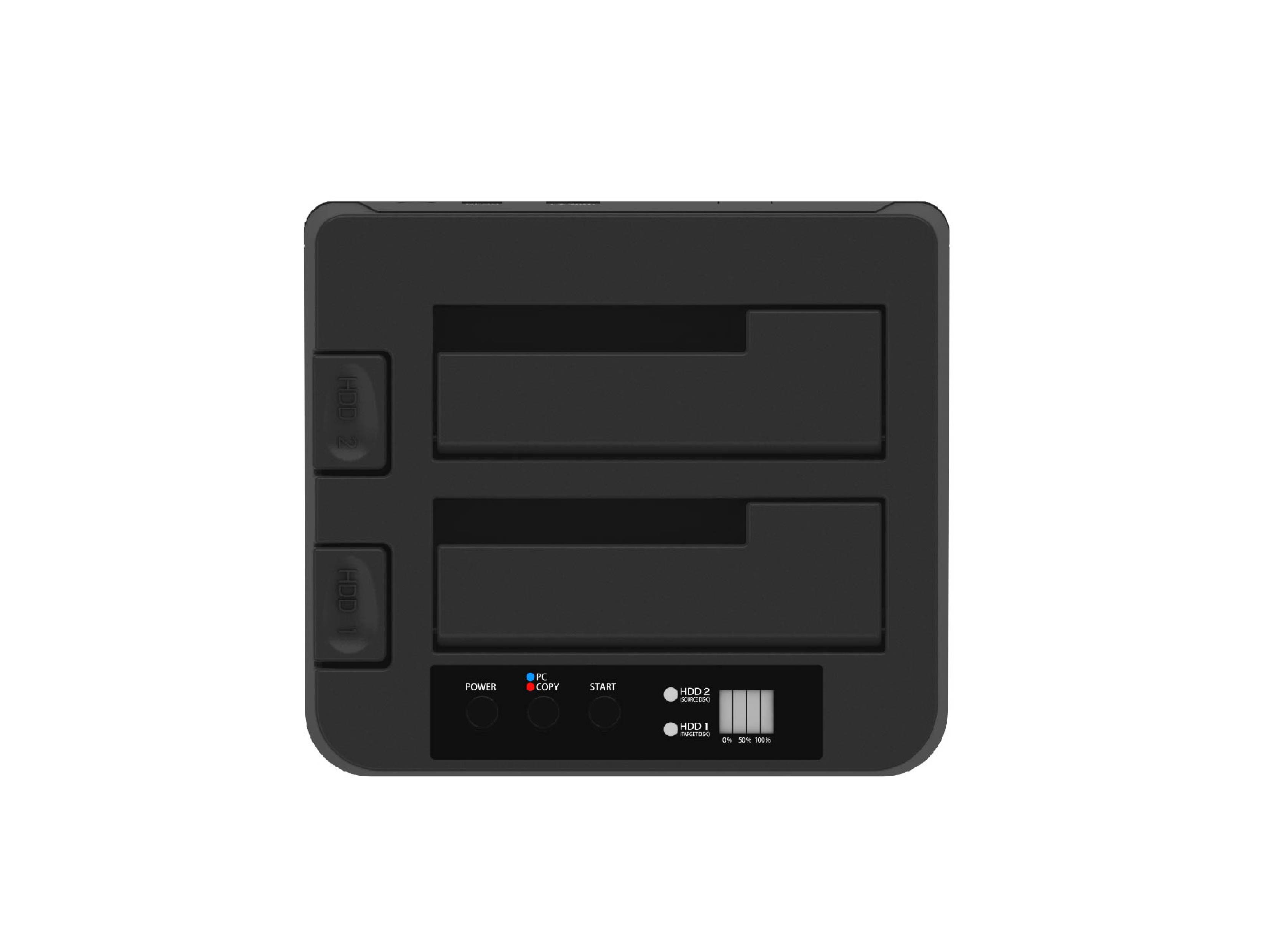 2 Bay SATA SSD/HDD Duplicator Dock (SI-7928USJ3-D), applicable with 2x 3.5" or 2.5" SATA HDD/SSD, support PC mode & clone mode switchable, USB-B 5Gbps to host.